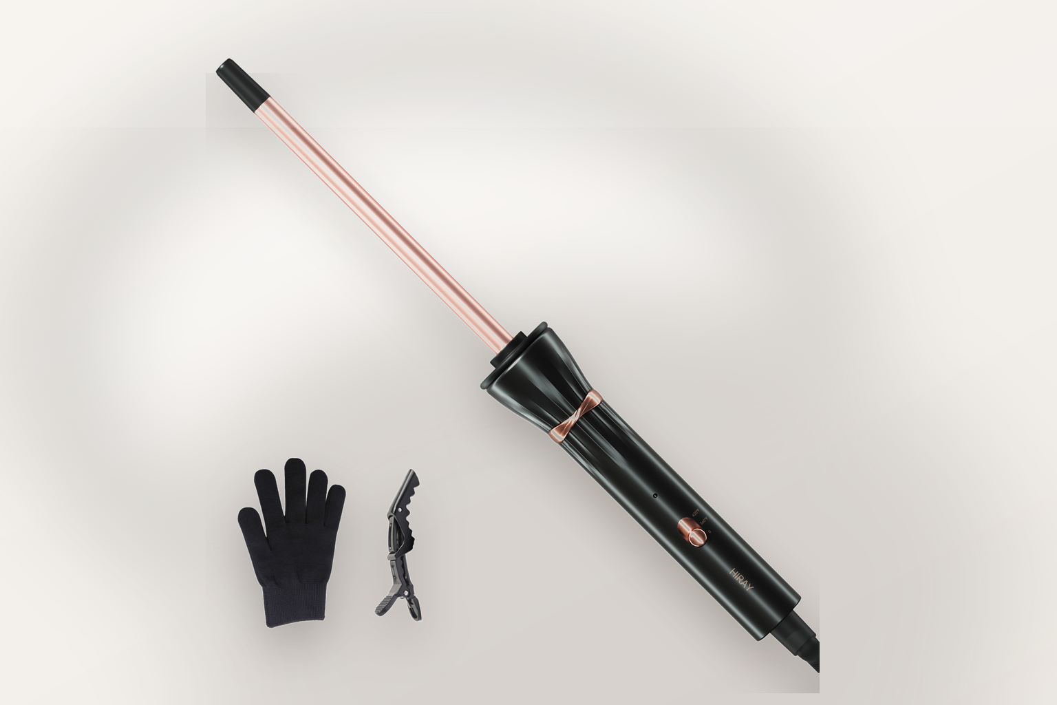 Black small-barrel curling wand studio campaign